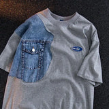 Aidase Vintage Personalized Design Denim Patchwork Short Sleeved T-shirt for Men and Women Fashion Couples Loose Casual Hip-hop Top aidase-shop