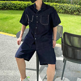 AIDASE  -  Fashion Male Denim Sets Short Sleeve Lapel Shirt Drawstring Shorts Summer New American Style Loose Men Two-piece 21E6480 aidase-shop