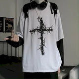 AIDASE  -  T-shirt Cross of Thorns fake two-piece for men women long-sleeved dark hip-hop loose large size autumn new trend top Simplicity aidase-shop