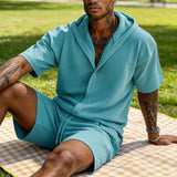 AIDASE  -  Stylish Mens Solid Color Two Piece Sets Summer Short Sleeve Hoodies And Shorts Outfits Men Fashionable Loose Hooded Tops Suits aidase-shop
