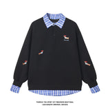 Aidase Plaid Patchwork Fake Two Sweatshirt College Style Puppy Embroidery POLO Collar Sweatshirt Men Women Loose Pullover Tops