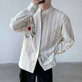 AIDASE  -  Rose Printing Men's Shirts Colorful Striped Deign Stand Collar Long Sleeved Contrast Color Single Breasted Male Tops aidase-shop