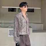 AIDASE  -  Men's Stripe Shirts New Summer Personalized Trendy Lapel Print Style Korean Male Long Sleeve Casual Shirt Tide aidase-shop