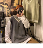 AIDASE  -  Autumn Winter V-neck Knitted Sweater Vest Men Oversized Loose Sleeveless Pullover Tops Men's Korean Warm Sweaters Tank Tops aidase-shop
