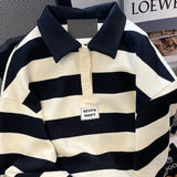 Aidase Vintage Contrast Striped Lapel Shirt Men Women Spring Autumn Hong Kong Style Loose Letter Patch Design Sweatshirt aidase-shop