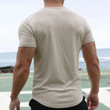 AIDASE  -  Casual Crew Neck Short Sleeve Mens T Shirts Summer Sports Fashion Stretch Slim Pullover Tops Men Vintage Striped Textured Tees aidase-shop