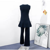 AIDASE  -  Ruffle Top Pant Sets Women Elegant Dark Blue O-neck Sleeveless Top High Waist Wide Leg Pants Female Suit 2025 Chic Lady Outfits aidase-shop