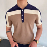 Aidase Men's Business Slim-fit Knit Polo Shirt Light Luxury Leisure Button-down Short Sleeve Shirts Breathable Patchwork Knitwear M-3XL