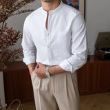 AIDASE  -  Men's Long Sleeved Wrinkle Resistant Shirt Spring Summer Suitable Formal Wear Stand Up Collar Casual Black White Elastic Blouse aidase-shop