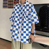 AIDASE  -  Short Sleeve Printing Plaid Shirts  Button Turn-down Collar Casual Handsome Office Streetwear Spring Summer Men's Clothing aidase-shop