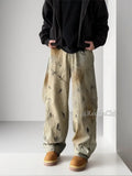 Aidase 2000s Distressed Wide Leg Jeans Men's Trousers Y2k Vintage Dirty Washed Pleated Barrel Denim Pants Hip Hop Streetwear