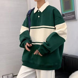AIDASE  -  Lapel Long Sleeved Men's Sports Shirt Contrasting Color Splicing Male Pullover Shirt Loose American Retro Top aidase-shop