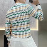 Aidase  Men Clothing Trendy Plaid Print Business Casual Slim Sweatshirts Male Korean Round Neck Long Sleeve Slim Pullover Tops Sudadera