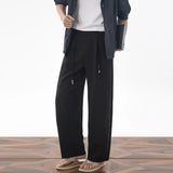 AIDASE  -  Mens Cropped Linen Blend Dress Pants Casual Drawstring High Waist Breathable Suit Trousers Japanese Clean Fit Straight Trousers aidase-shop