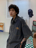 AIDASE  -  Summer New American High Street Vintage Waed Denim irt Men ort Sve Couple Retro Casual Loose Trendy Button up Top aidase-shop