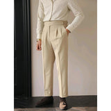 AIDASE  -  Paris Buckle Men's Suit Pants High Waist Slim Fit British Style Vintage Business Casual Straight Leg High Rise Long Trousers aidase-shop