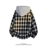 Aidase Street Vintage Plaid Shirt Jacket Trendy Color Clash Hoodie Loose Fit Jackets Men Women Streetwear Outerwear