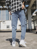 Aidase Spring Autumn Men's Jeans Multi-Pockets Work Wear Cargo Pants Black Blue Elastic Waist Denim Joggers Big Size Jean Trousers 8XL