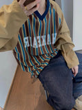 AIDASE  -  Plus Size Men's Autumn Long-sleeved shirt Korean Style Retro All-match Letter Print Striped Patchwork Raglan Sleeve V-neck Top aidase-shop