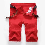 AIDASE  -  New Red Men's Jeans Shorts Pleats and Holes Decorated Shorts Men Blue White Black Blue Red Denim Shorts，Asian Size aidase-shop