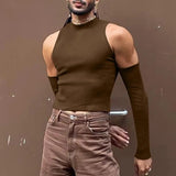 Aidase Sexy Off Shoulder T shirts For Men High Neck Long Sleeve Tight Turtleneck Tops Summer Casual Slim Hollow Out Crop Tee Streetwear