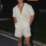 Aidase Sexy Mens Hollow Out Knit Shirt Vintage See Through Breathable Knitting Shirts Men Summer Stylish Solid Color Short Sleeve Tops