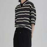 AIDASE  -  Summer Vertical Striped POLO Shirt Irregular Neckline Design Short-sleeved Top Unisex Contrasting Striped T-shirts Elegant Wear aidase-shop