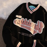 31.23Aidase Men's Sweatshirts Embroidered Letters V-neck Sweater Women's Autumn Winter New Loose Couple Long Sleeves Casual Jacket Tops aidase-shop