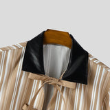 AIDASE  -  Men Shirt Striped Patchwork Lapel Short Sleeve Lace Up Men Clothing Summer Loose Streetwear Fashion Casual Tops Men aidase-shop