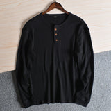 Aidase Fashion Mens Henley Collar Tee Shirts Autumn Sold Color Long Sleeve T-shirt Half Button Up Thermal Waffle Knit Blouses Tops aidase-shop