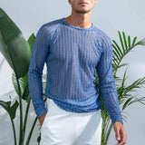 AIDASE  -  Spring Autumn Man Tide Textured Striped Slim Long Sleeved T-shirt Casual High Street Ins Breathable Neck Design Tops W11959