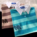 AIDASE  -  Vintage Hong Kong Style Striped Shirt Preppy Polo Collar Short Sleeved T-shirt Men Women Japan Letter Flocking Casual Lapel Top aidase-shop
