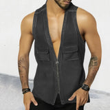 Aidase Vintage Patchwork Jean Tank Tops Men Slim Fit Sleeveless Denim V-neck zipper Shirts Summer Fashion Sexy Vest Male Streetwear aidase-shop