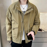 Aidase Versatile Autumn Winter Men Solid Casual Loose Simple Aviator Jacket Jacket Coat Soft Retro Pocket Business Casual Zipper aidase-shop