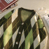 Aidase Japanese Retro Rhombus V-neck Cardigan Sweater Men in Spring Autumn Loose Thickened Sweater Casual Lazy Style Jacket Aesthetic aidase-shop