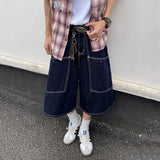 AIDASE  -  Trendy Men's Cargo Denim Shorts American Style Large Pocket Decoration Summer Niche Design Calf-Length Pants Tide 21E6606 aidase-shop