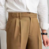 AIDASE  -  Quality Naples Suit Pants Men High Waist Paris Buckle Straight Trouser Summer Thin England Style Business Casual Pant Streetwear aidase-shop