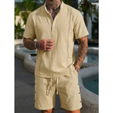 AIDASE  -  Men's 2 Piece Linen Textured Short Set Henley Neck Shirt Drawstring Shorts Casual Beach Outfit with Decorative Stitching aidase-shop