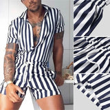 AIDASE  -  Men's Striped Rompers Streetwear Fashion Casual Playsuits Short Sleeve Button Lapel Jumpsuits Drawstring Boxers Shorts Bodysuits aidase-shop