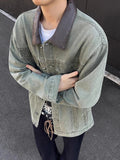 AIDASE  -  Casual Long Sleeve Leather Collar Outerwear Men Vintage Patchwork Buttoned Lapel Denim Coats Mens Spring Fall Fashion Outerwear aidase-shop