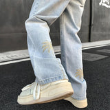 AIDASE  -  Men's Casual Jeans Drawstring Elastic Waist Straight Embroidery Denim Pants Light Comfy Trousers Black Blue aidase-shop