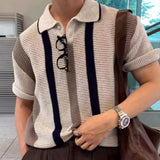 AIDASE  -  New Summer Knit Men's Polo Shirt Korean Fashion Hollow Out Mesh Lapel Striped Short Sleeve Casual Loose Polo Shirts aidase-shop