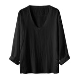 Aidase Spring Summer Mens V Neck Cotton Linen T-shirt Loose Solid Long Sleeve Pullovers Tops Fashion Casual Clothing Streetwear