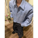 AIDASE  -  Snake Eyed Spine Blue Shirt for Men High-end Handsome Niche Rivet Embroidered Long Sleeved Blouse Jacket Men's Model Outfit aidase-shop