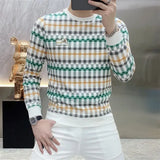 Aidase  Men Clothing Trendy Plaid Print Business Casual Slim Sweatshirts Male Korean Round Neck Long Sleeve Slim Pullover Tops Sudadera