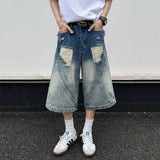 AIDASE  -  American Style Washed Ripped Men Denim Shorts Summer New Straight Wide-leg Calf-Length Pants Niche Design Jeans 21E6608 aidase-shop