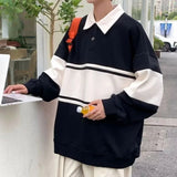 AIDASE  -  Lapel Long Sleeved Men's Sports Shirt Contrasting Color Splicing Male Pullover Shirt Loose American Retro Top aidase-shop