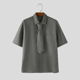 AIDASE  -  Men Shirt Solid Color Lapel Short Sleeve Button Men Clothing With Tie Streetwear Loose Korean Style Fashion Casual Tops aidase-shop