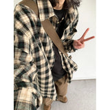 AIDASE  -  Retro American Plaid Long Sve irt Men Women Spring Autumn Mural Embroidery Ripped Workwear Loose Fit irt Jaet aidase-shop