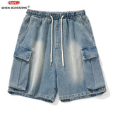 Aidase Korean Fashion Men's Wide Leg Denim Shorts Summer New Fashion Loose Casual Elastic Waist Large Pocket Cargo Men's Jeans Shorts